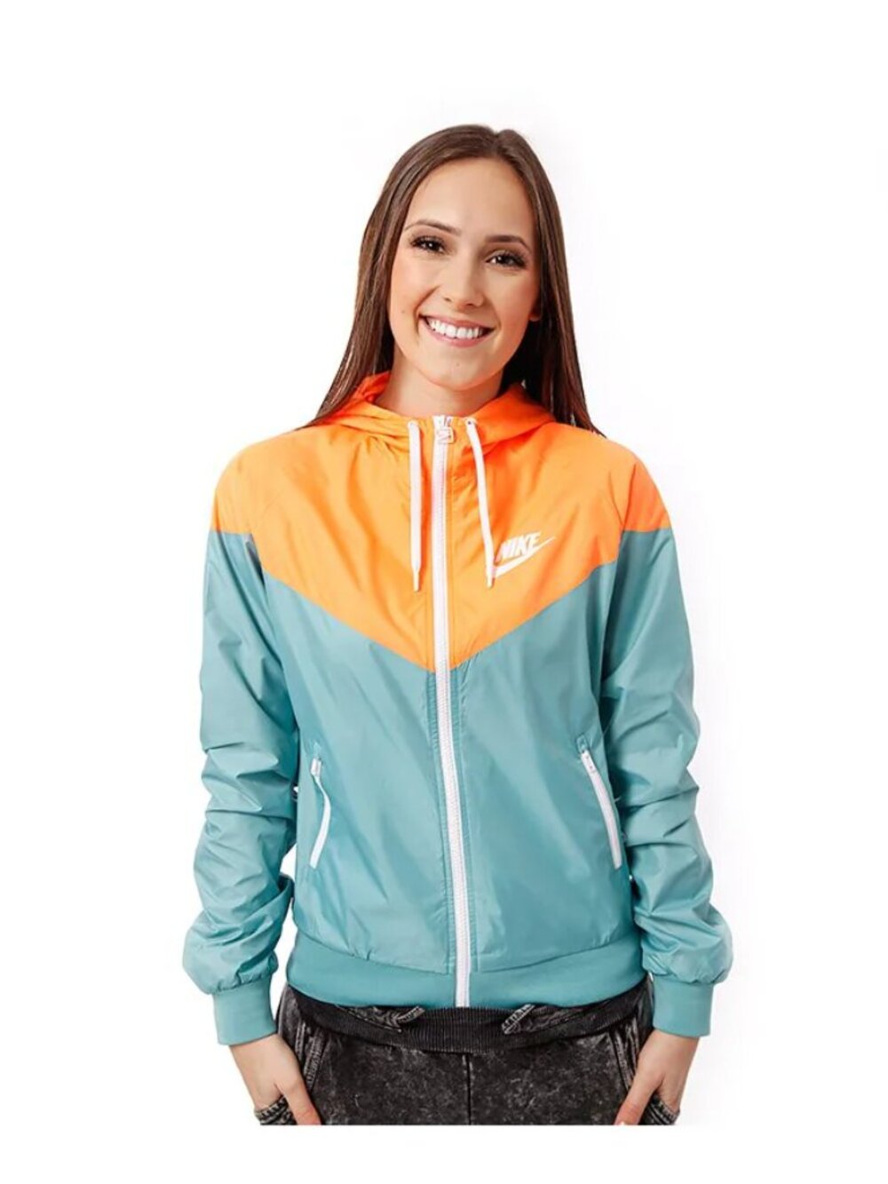 Nike Women's Neon Orange Vibrant Turquoise Full-Zip Windrunner Jacket Size XL